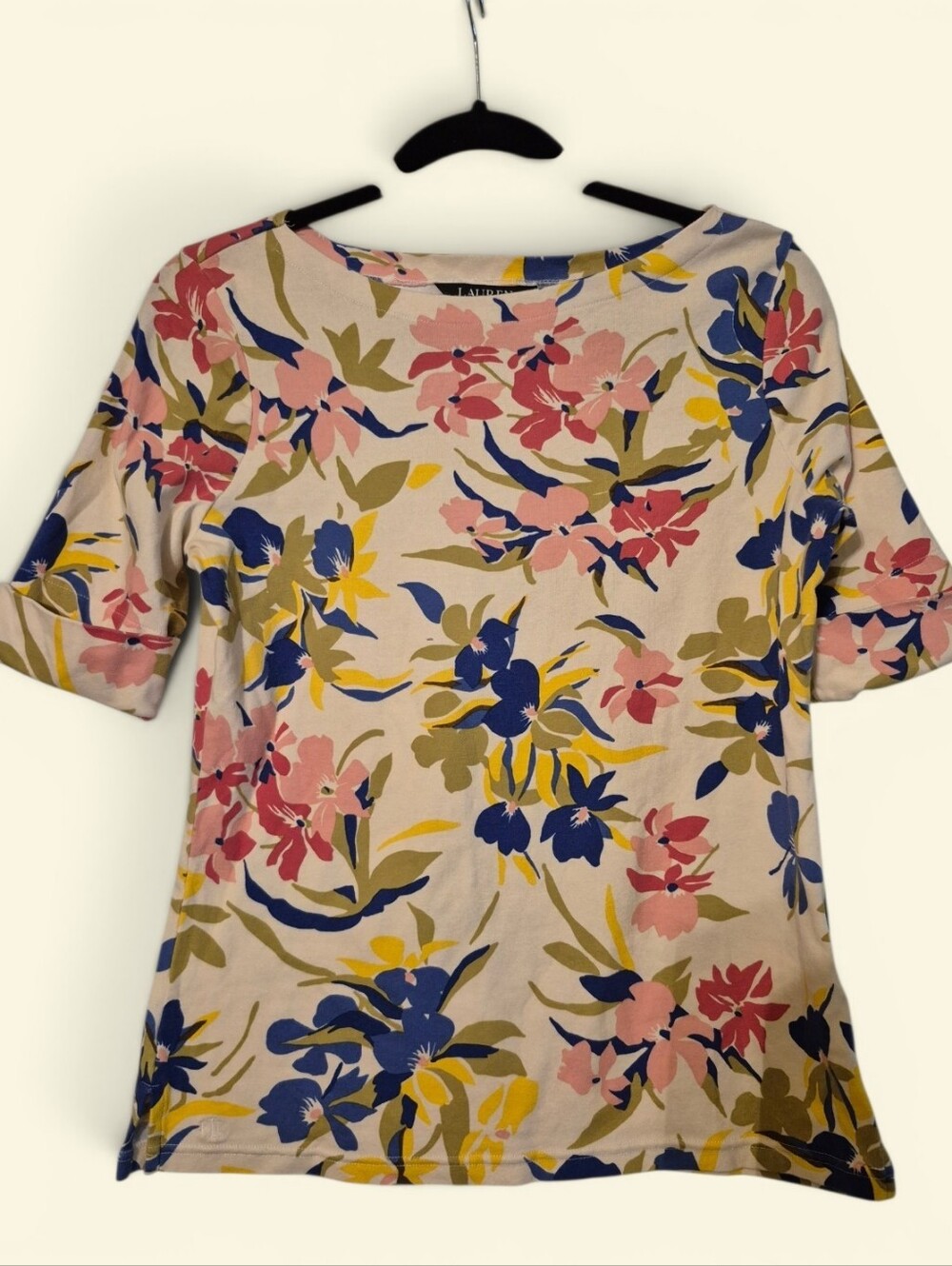 Lauren Ralph Lauren Floral Stretch Cotton Boatneck Tee Medium Excellent !!